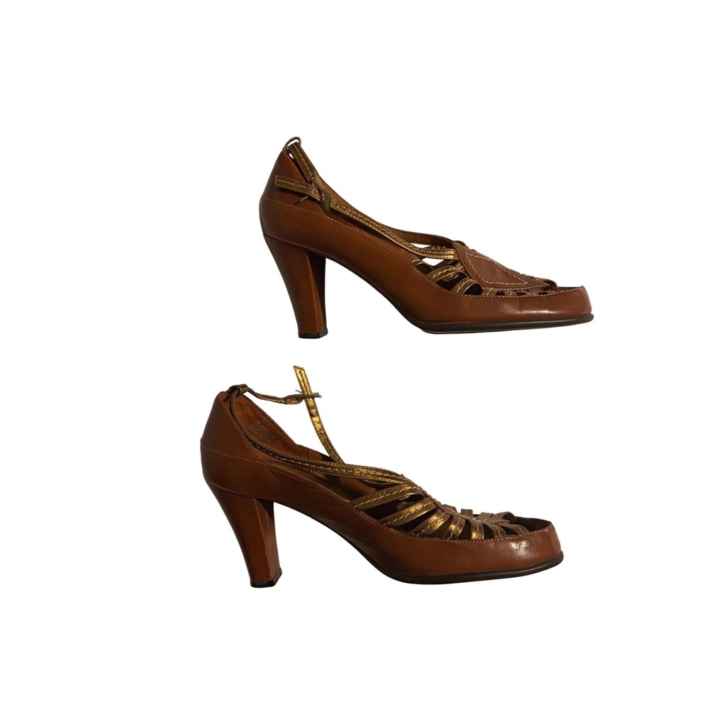 Aerosoles Tan Gold Leather Strappy Cage Block Heel Sandals Womens 8 Buckle Ankle